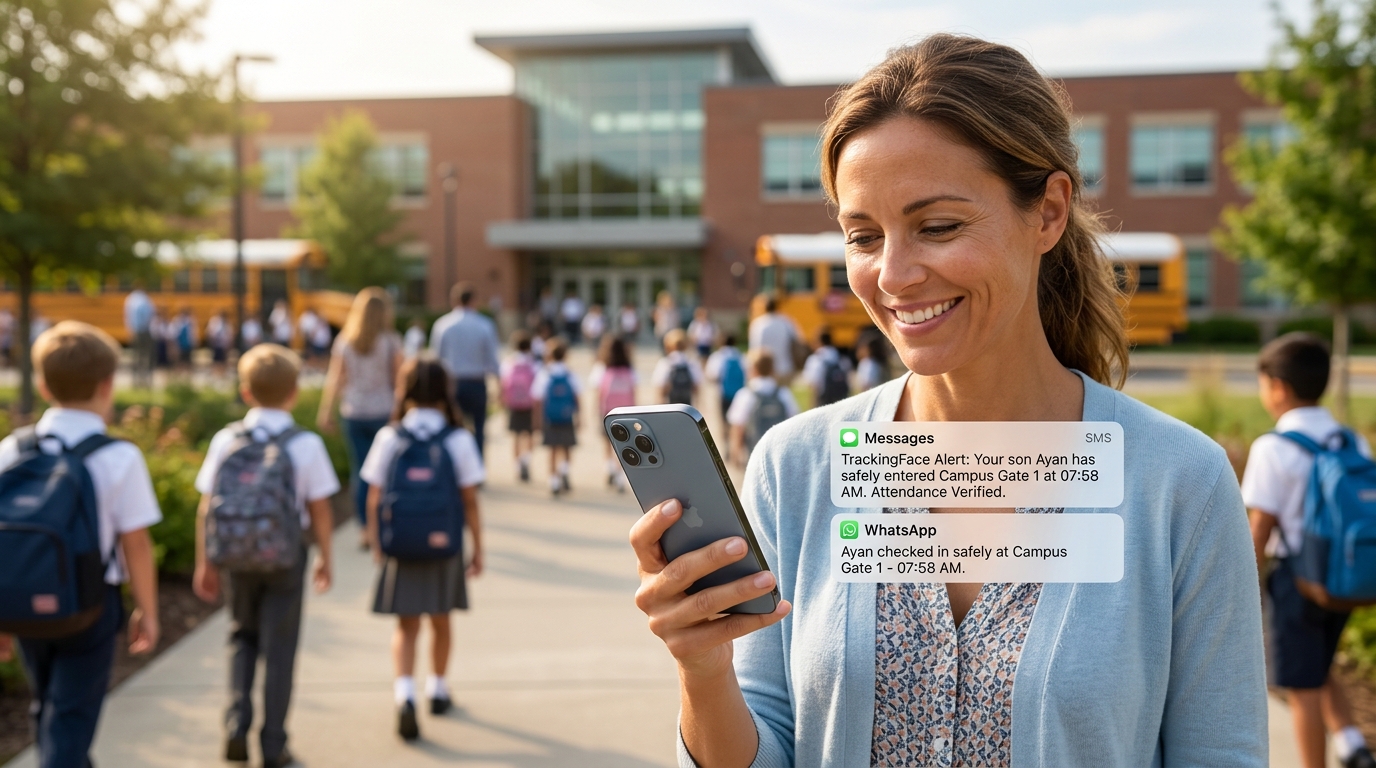 Parent receiving instant TrackingFace arrival notification alert on smartphone with school background