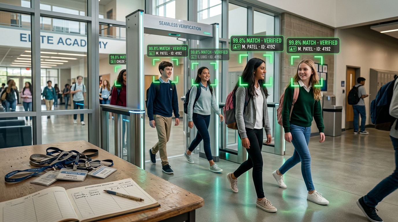 Students walking naturally through school entrance gate with green biometric match brackets