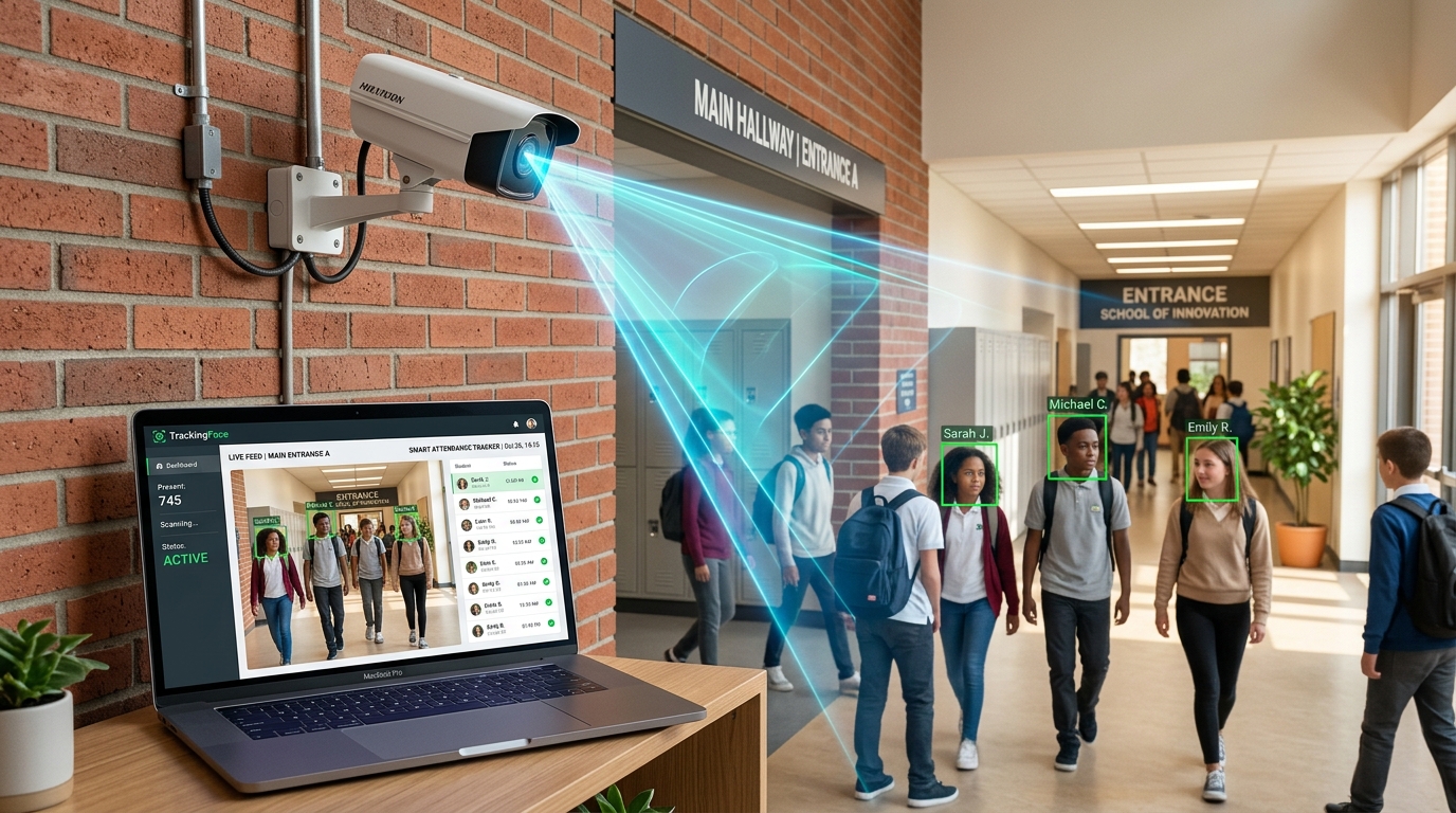 Existing CCTV camera transformed into AI facial recognition scanner with laptop dashboard